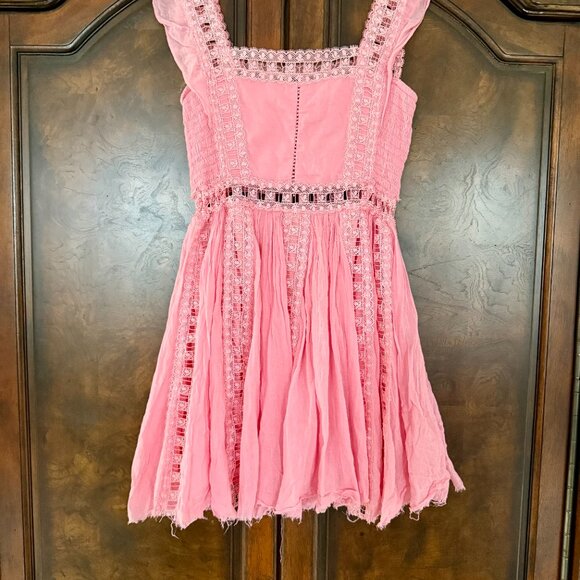 Free People Verona Lace Crochet, Cotton Mini Dress - Pink - Size Small - Picture 5 of 13